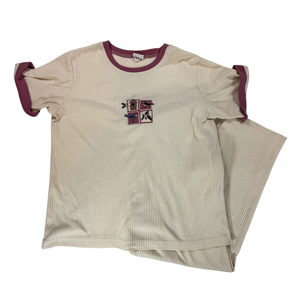 VTG Links Lounge Set Womens L Cream Maroon Ribbed Birdhouse Nature Cottagecore